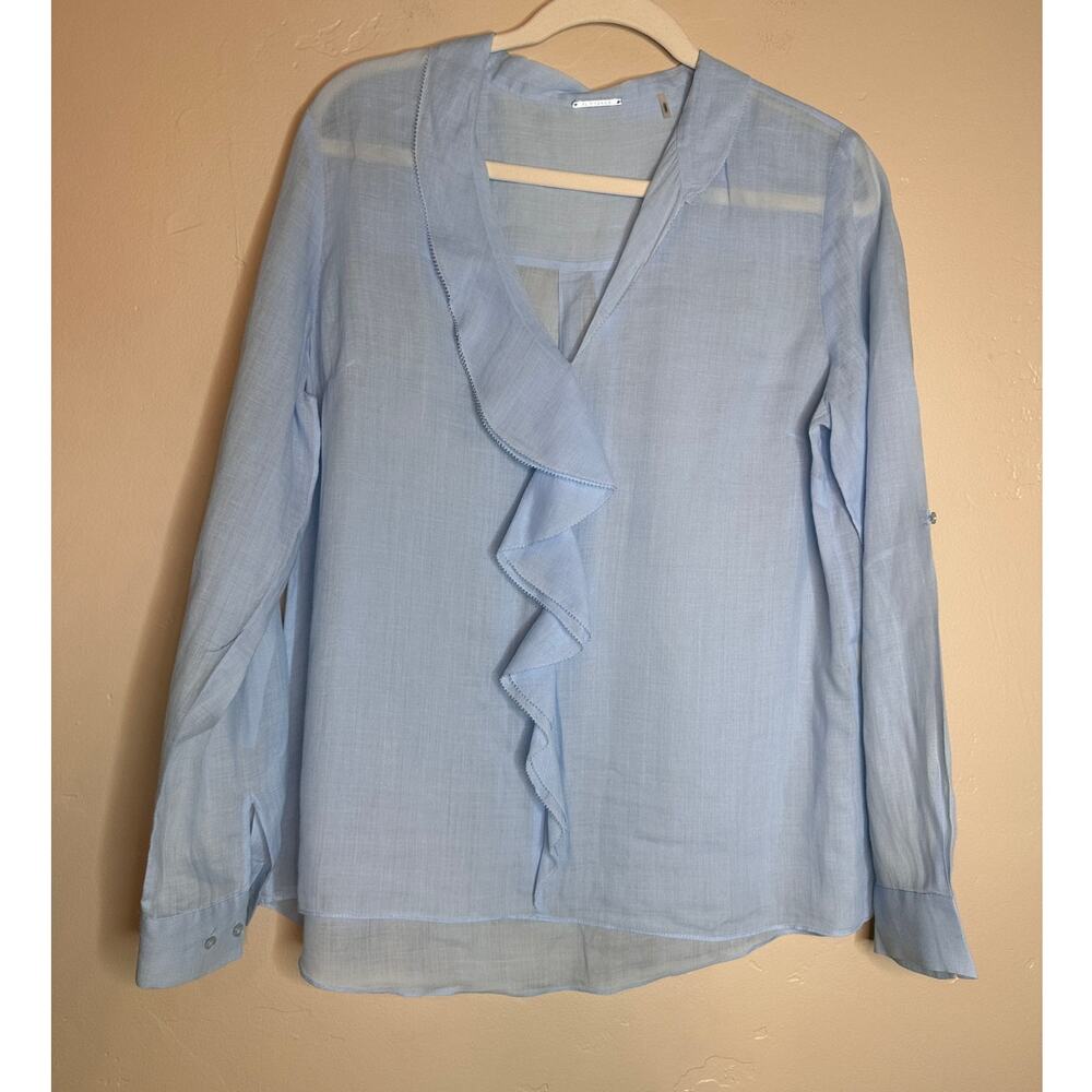 Elie Tahari Light Blue Sheer Long Sleeve Ruffle Blouse Medium